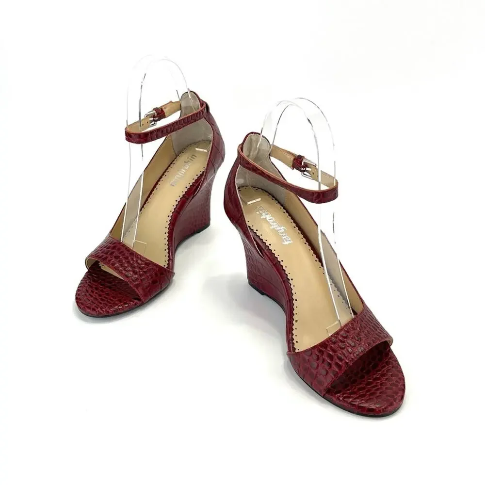 Farylrobin/Anthropologie D'Orsay Wedge Sandal Sz 7 Red Leather Embossed Open-Toe